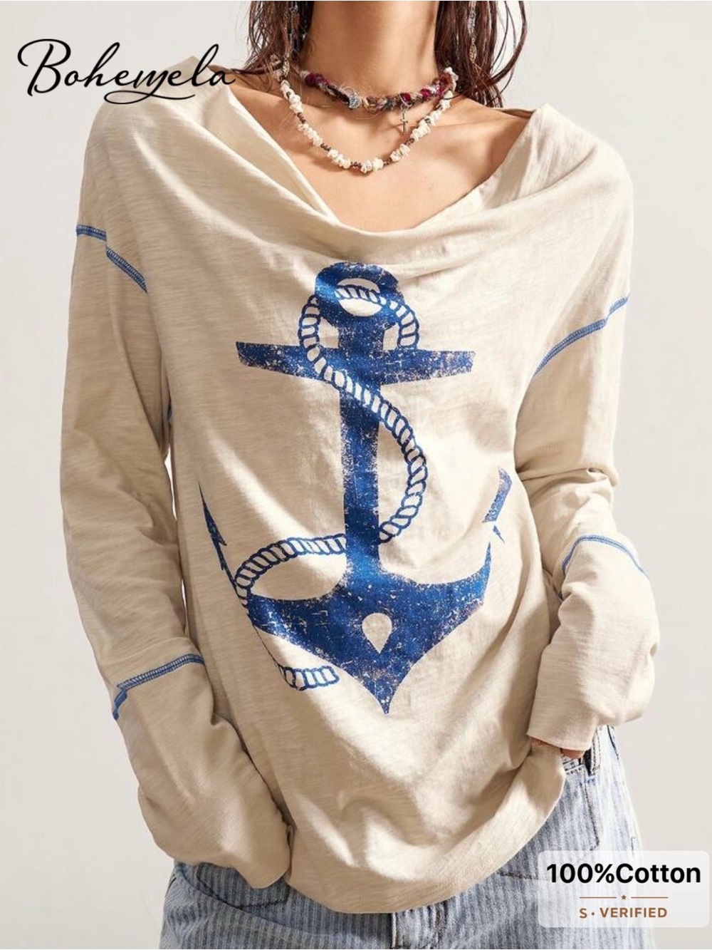 NWOT Bohemela Beige Cotton Long-Sleeve Top with Blue Anchor Print, Various Sizes